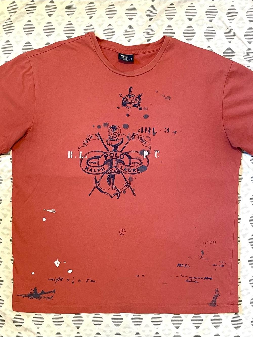 Y2K Polo Ralph Lauren Graphic Nautical Tee - Distressed Faded Grunge - Size L